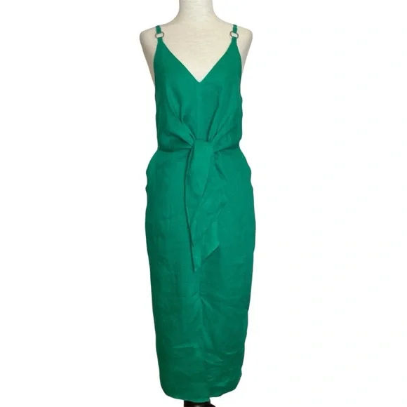 REISS Kay Tie Detail Linen Midi Dress in Green Size 4